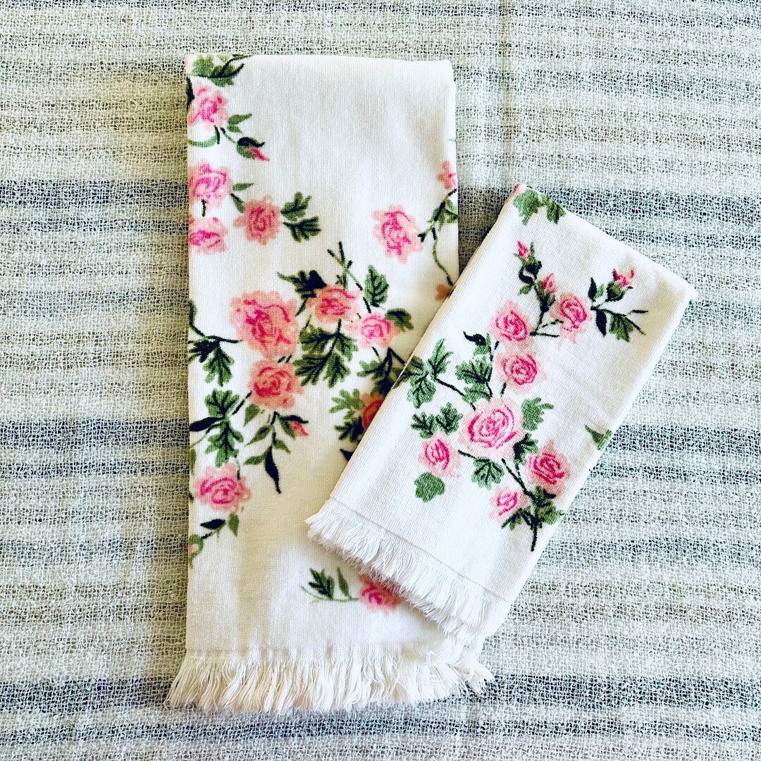 70s Pink Roses Towel Set, Matching Bath and Hand Towels, Vintage Martex, 100% Cotton, Made in ...