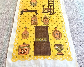 Vintage Linen Dish Towel, Colonial Theme, Early American, Farmhouse Decor, Yellow and Brown