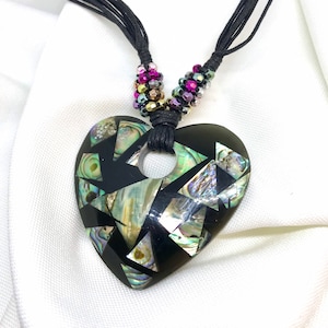 Abalone Heart Necklace Choker, Mother-of-Pearl Pieces Embedded in Lucite, Multistrand Black Cord