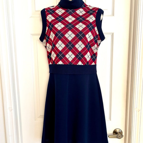 70s Mod Suit Dress, Jonathan Logan Navy Blue and Cranberry Knit Two Piece Dress, Argyle Bodice, MODERN SIZE 6 (Vintage Size 13)