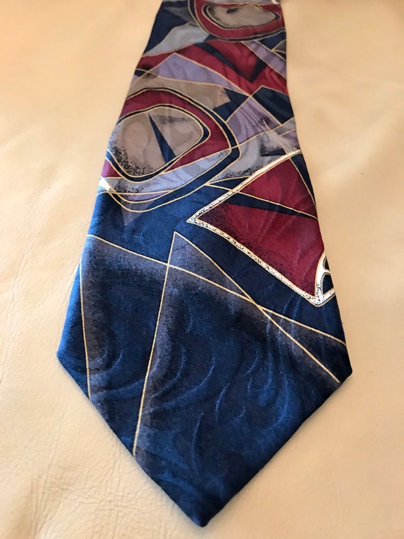 Abstract Silk Necktie Navy Blue Maroon, Ferracci … - image 1