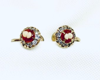 Vintage Tiny Cameo Screwback Earrings, Vargas Cradle Craft Jewelry, Rhinestone Border, Midcentury Classic Design