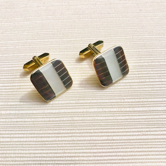 Midcentury Square Cuff Links, Mother of Pearl, Go… - image 1