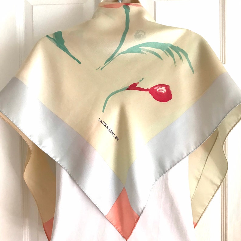 Pink and Pastel Scarf, Laura Ashley Silky Satin Floral Painted Large Square Scarf image 9