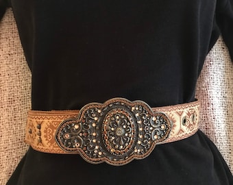 80s Fashion Belt, Bling Buckle, By Cachè, Leather with  Fabric Covering, Kilim Persian  Pattern, , Large Removable Buckle, Fits 31-35 Waist