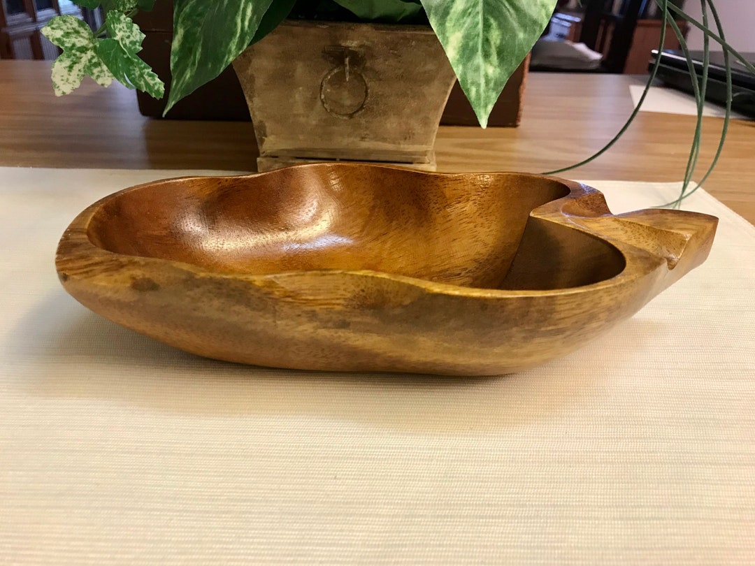 Midcentury Monkey Pod Wood Bowl, Leaf Shape Trinket Tray, Candy Dish