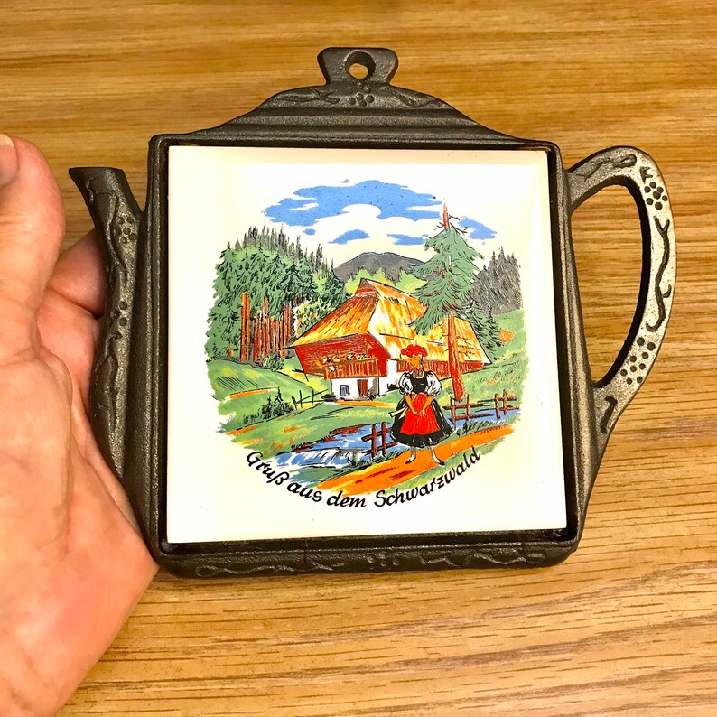 German Trivet With Painted Tile, Teapot Shape, Bronzecolored Cast Iron