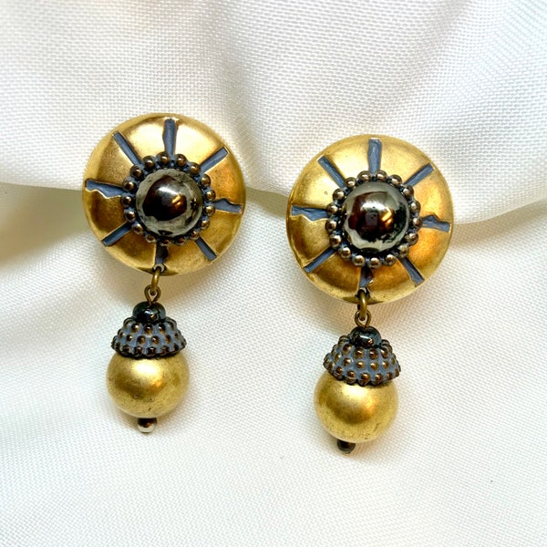 1980s Dangle Drop Earrings, Gold Color Clip on, Egyptian Influence, Big and Bold, DISTRESSED