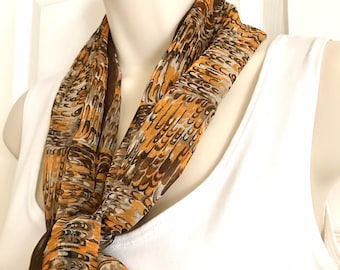 60s-70s Sheer Scarf, Brown and Orange Abstract Brushstroke Print, Burmel Scarf