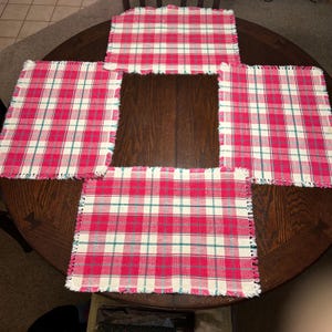 Vintage Red Plaid Placemats, Woven Cotton, Fringe Edges, Farmhouse, Cottagecore, Rectangle, Set of Four