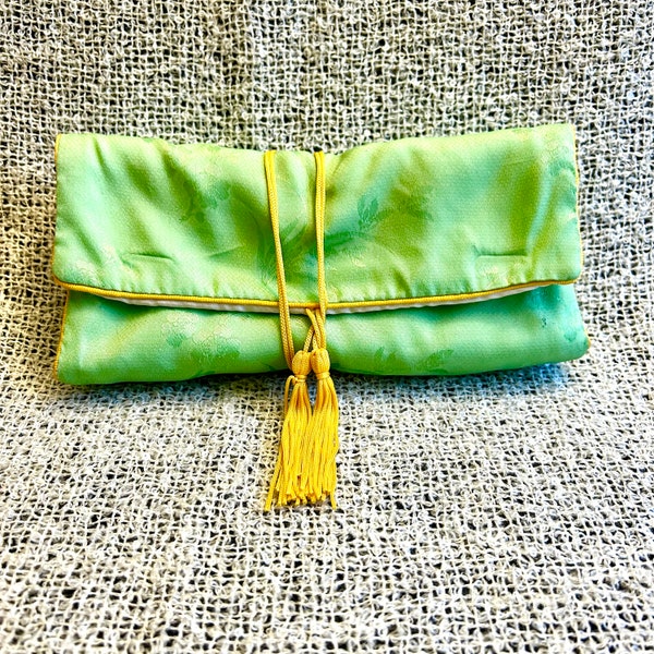 Satin Jewelry Roll, Green With Gold Trim, Travel Case