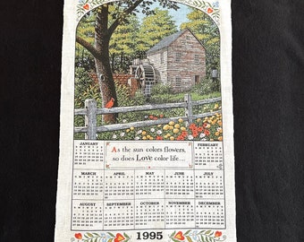 1995 Calendar Dish Towel Linen Tea Towel, Country Mill Scene, Kitchen Wall Hanging