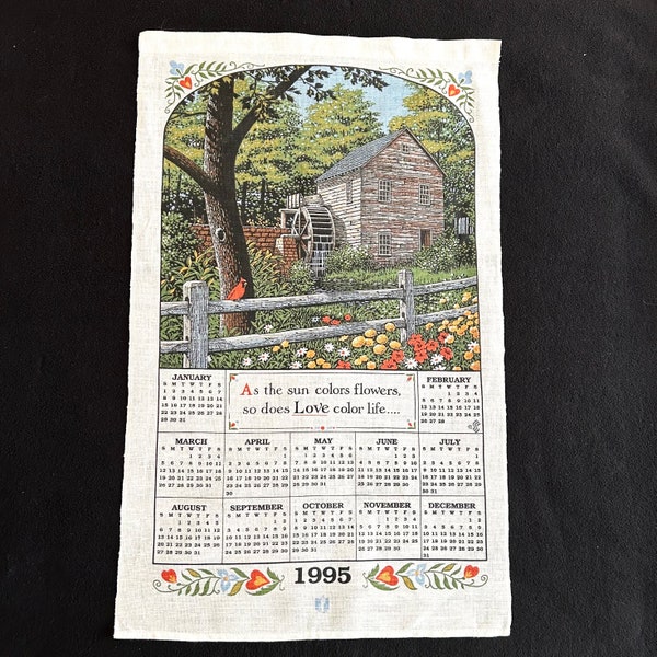 1995 Calendar Dish Towel Linen Tea Towel, Country Mill Scene, Kitchen Wall Hanging