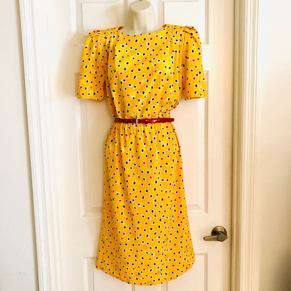 80s Yellow Big Shoulder Dress, Puff Sleeves, Elast