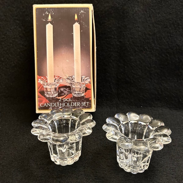 Vintage Glass Candleholders, Borgonovo QUEEN Candlestick Holders, Fluted, Pair Unused In Box, Made in Italy