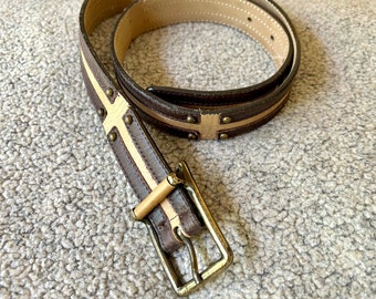Vintage Leather Belt, Streets Ahead, Brown Tan Stripe, Waist 28-32