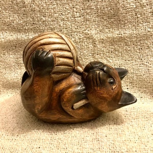Carved Wood Cat With Yarn Ball, Thailand, Heavy Wood Figure, Gift for Cat Lover