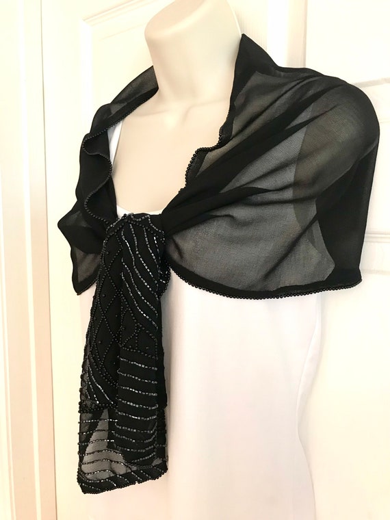 Sheer Black Embellished Shawl Wrap, Beaded Ends, … - image 2