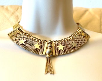 1950s Volupte’ Gold Mesh Choker, Collar Necklace, Egyptian, Stars, Tassels, Hollywood Regency