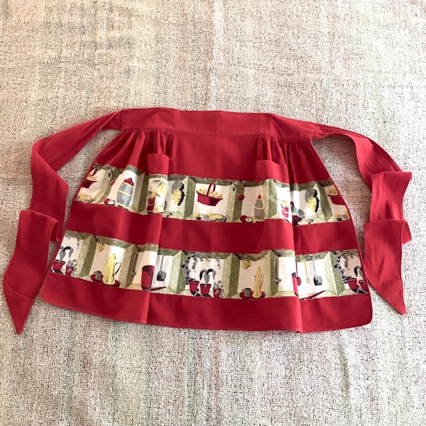 1950s Apron, Barkcloth Panels, Red Half Apron with Pockets, Repaired