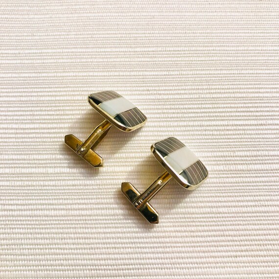 Midcentury Square Cuff Links, Mother of Pearl, Go… - image 2