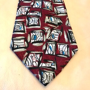 Halston Nostalgic Necktie, Maroon Abstract Art, Wide Tie, X Long, Made in USA
