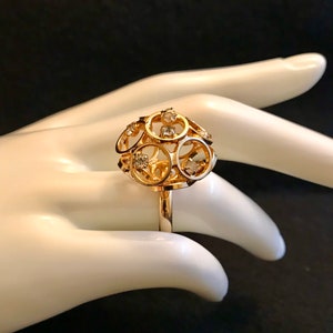 Dome Ring Filigree Open Frame, Modern,  Scrollwork, Goldtone, Rhinestones, Statement Cocktail Ring,  Adjustable Sz 6.5