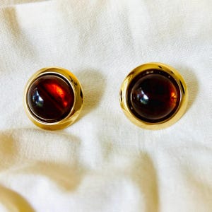 60s Napier Topaz Lucite Round Earrings, Clear Brown Moonglow Cabochons, Unique Clip-on / Screw Back Combo