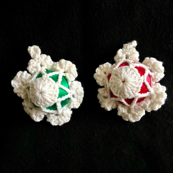 Vintage Crochet-Covered Ornaments, Red and Green Satin Balls, White Yarn, Snowflake Balls, PAIR