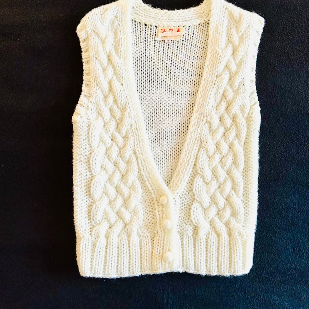 60s Sweater Vest, Cable Knit Cardigan Vest, White Acrylic Knit, Rix ...