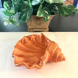 Ceramic Seashell Dish, Ashtray, Catch-all, Scalloped Trinket Dish, Orange Glaze, 1970s