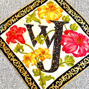 Small JOOP Silk Scarf, Classic WJ Monogram,  Bright Flowers, Joop Logo, Square Neckerchief 17 X 17 Inches, Made in Italy