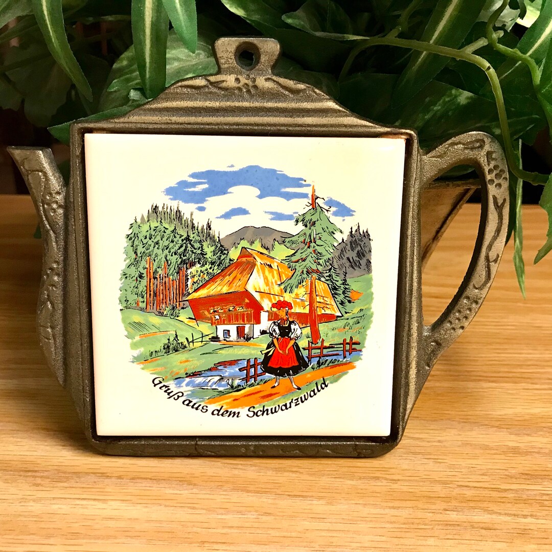 German Trivet With Painted Tile, Teapot Shape, Bronzecolored Cast Iron