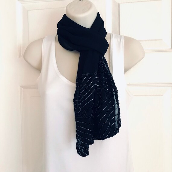 Sheer Black Embellished Shawl Wrap, Beaded Ends, … - image 7