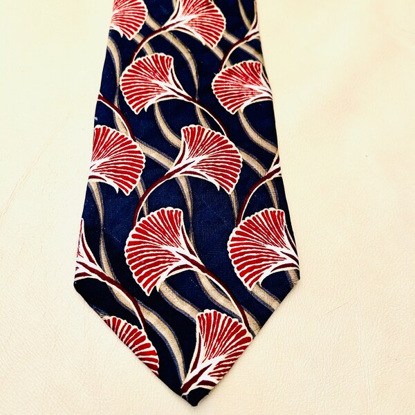 40s Style Deco Necktie, Bill Blass Silk Wide Tie, Gingko Leaf Print, Jazz Tie, Swing Tie, Navy Blue and Red