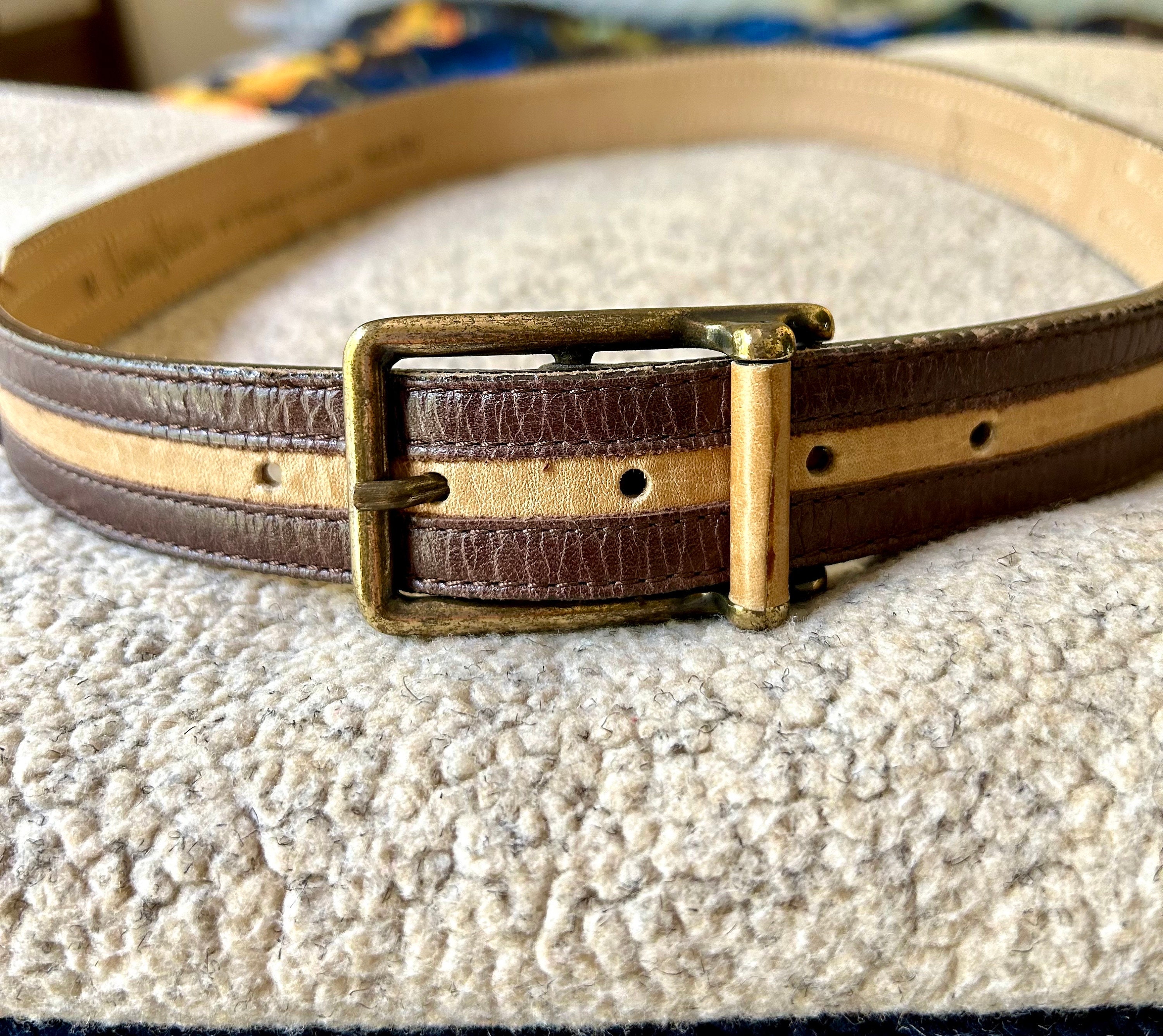 Neiman Marcus Vintage Streets Ahead Genuine Leather Belt Vintage Leather Belt, Streets Ahead, Brown Tan Stripe, Waist  main image 2