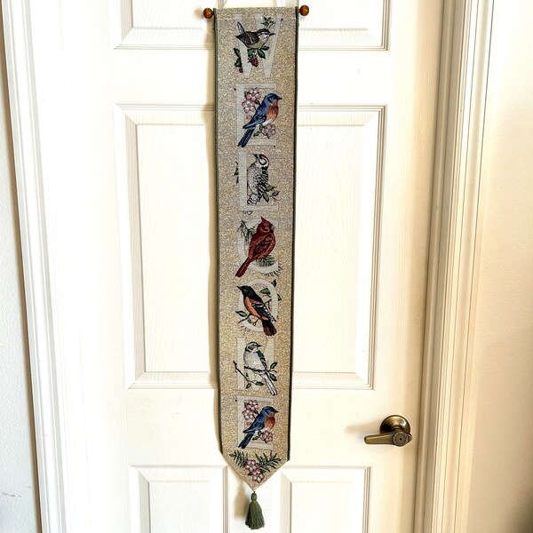 WELCOME Hanging Tapestry, Birds, Nancy Shumaker Pallan Bell Pull, Cottage Decor, Made in USA