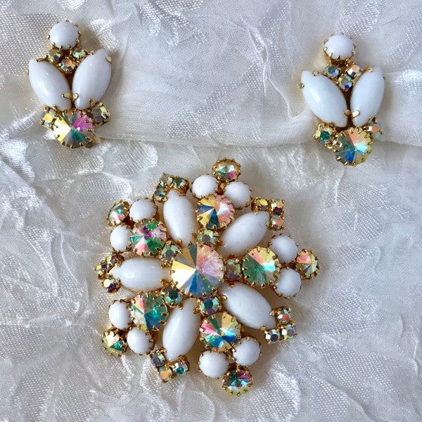 Midcentury White Milk Glass Brooch and Earrings Aurora Borealis, Bridal, Demi Parure, Vintage Bling