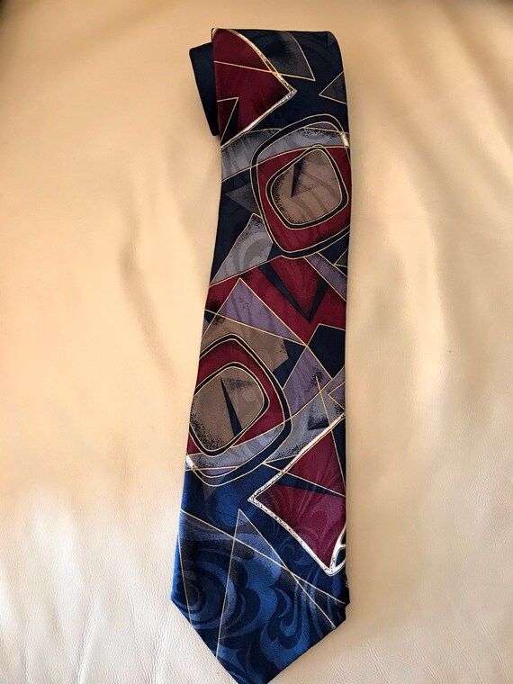 Abstract Silk Necktie Navy Blue Maroon, Ferracci … - image 6