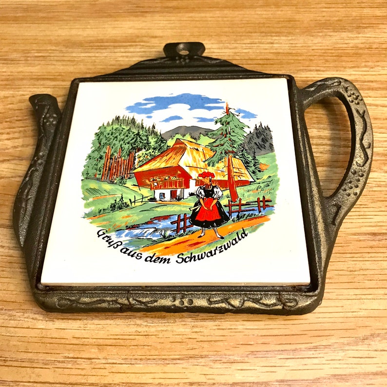 German Trivet With Painted Tile, Teapot Shape, Bronzecolored Cast Iron