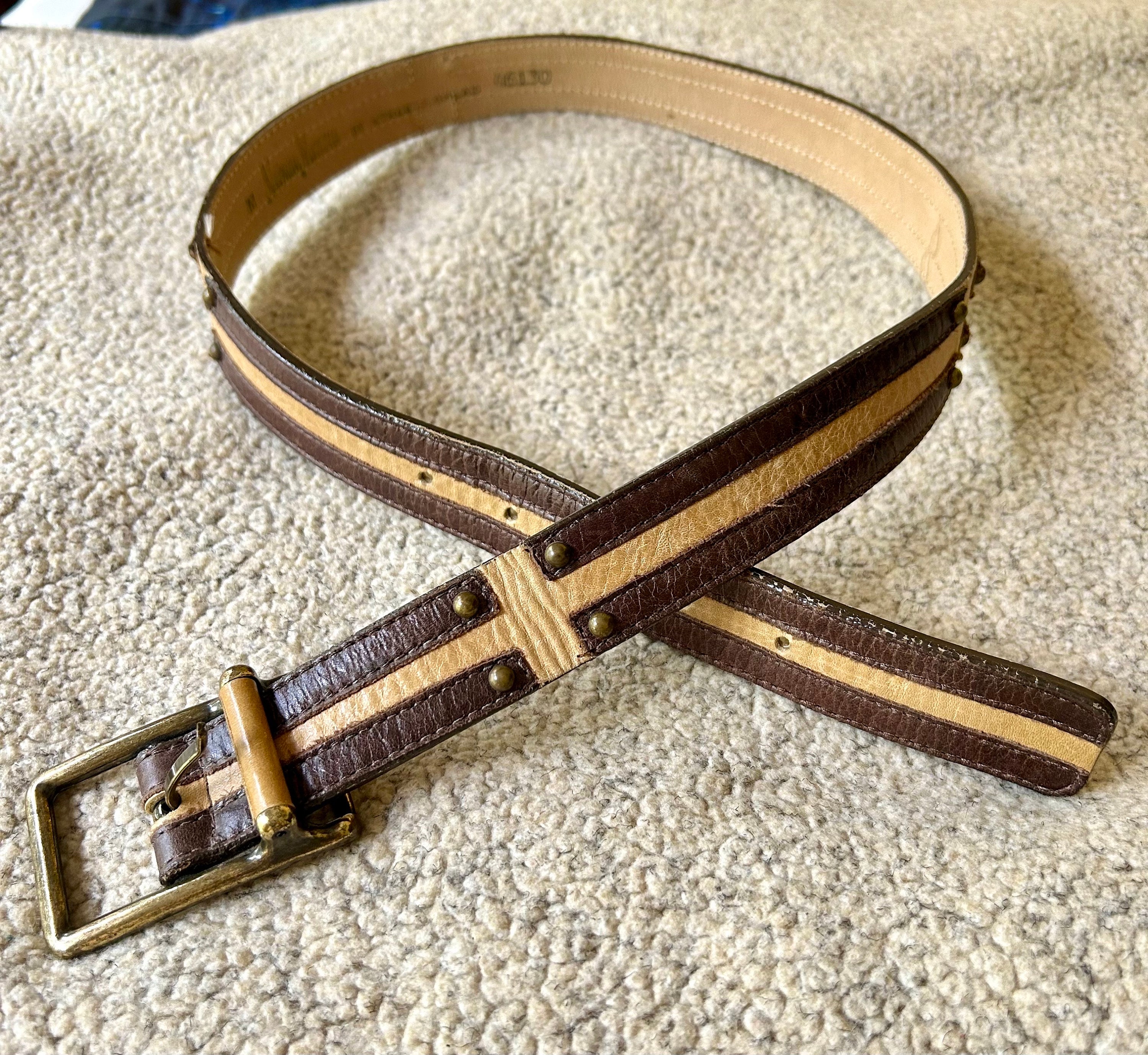 Vintage Leather Belt, Streets Ahead, Brown Tan Stripe, Waist 