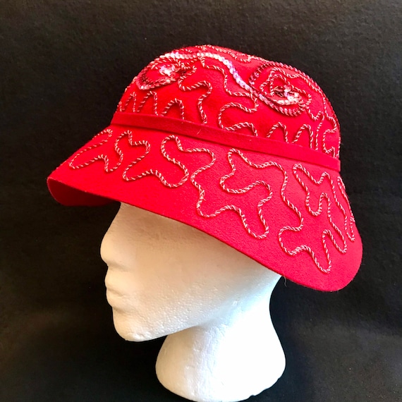 Vintage Red Cloche Hat, Sequined Embellished Women