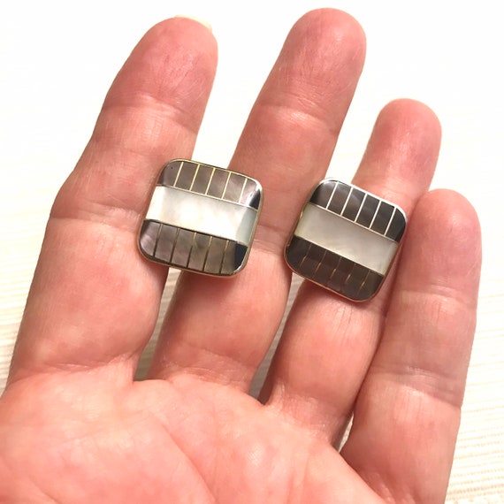 Midcentury Square Cuff Links, Mother of Pearl, Go… - image 6