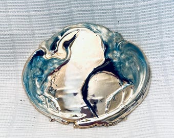 Silver Buckle, Charmant Beverly Hills, Enamel Cranes, Buckle Only, For Stretch Belt