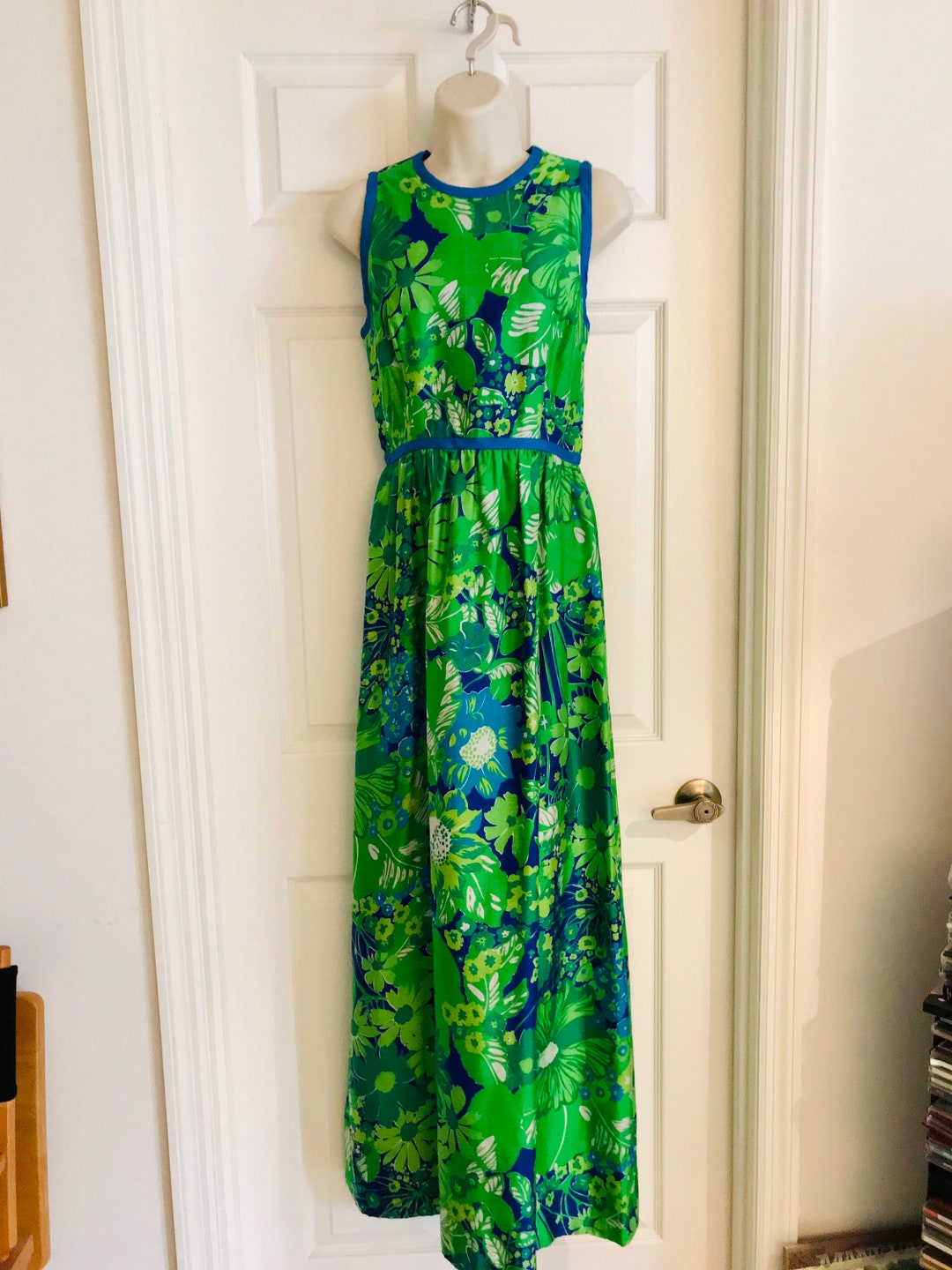 70s Floral Maxi Dress Silk Sleeveless Green and Blue Keram - Etsy