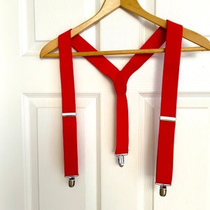 Red Stretch Suspenders, Y Back, Clip Suspenders, Biker, Work Suspenders, Santa Costume, Felt Back Piece. SMALL-MEDIUM Length