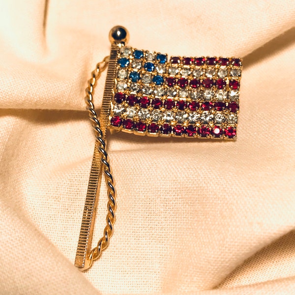 Rhinestone American Flag Pin Brooch | 2 inches tall | Goldtone, Memorial Day, Fourth of July, Patriotic Brooch