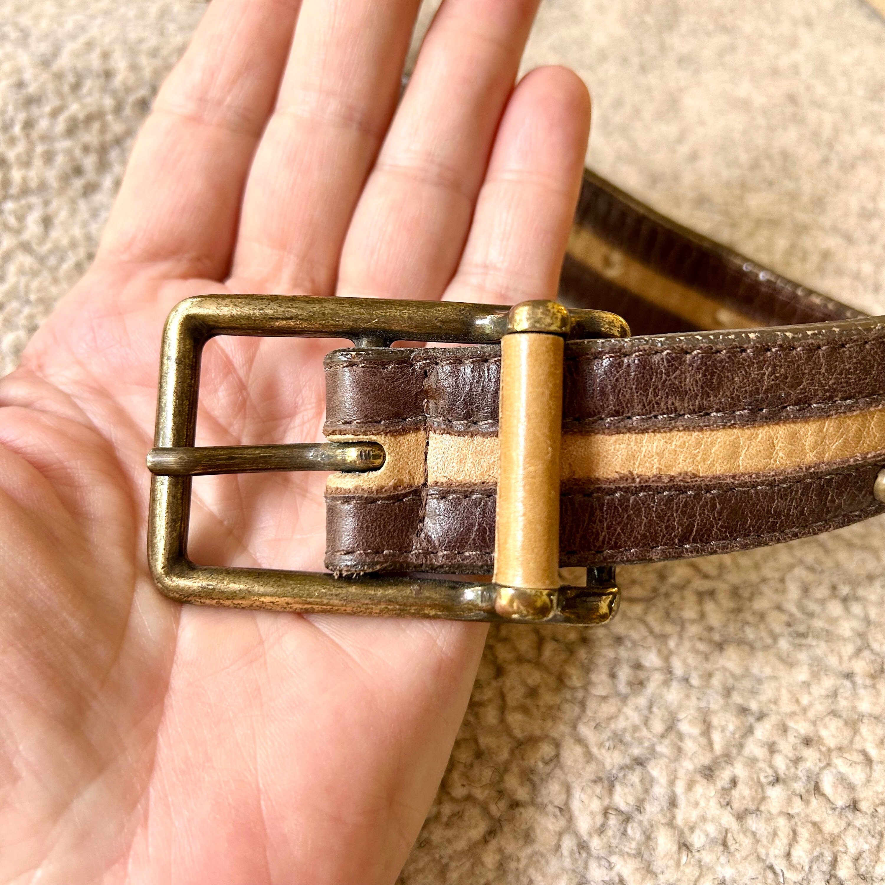 Neiman Marcus Vintage Streets Ahead Genuine Leather Belt Vintage Leather Belt, Streets Ahead, Brown Tan Stripe, Waist  main image 4