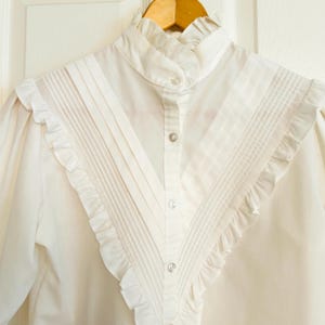 70s Prairie Blouse, Ruffle Yoke Front, High Ruffled Neck, Long Sleeve Blouse, Gunney Style, Size Small