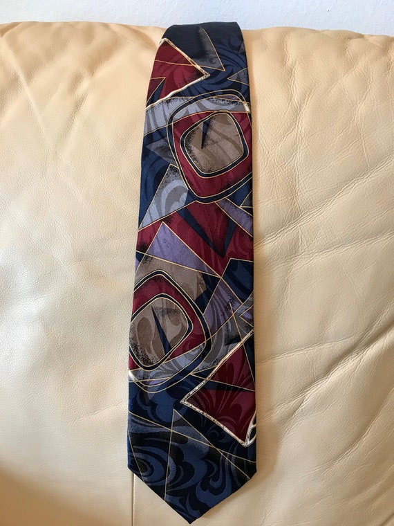 Abstract Silk Necktie Navy Blue Maroon, Ferracci … - image 3